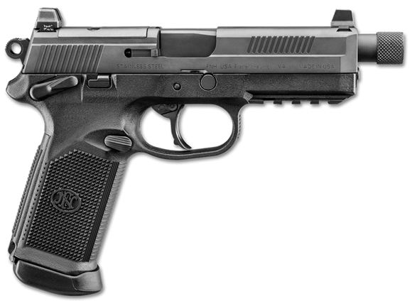 Picture of FN Herstal (FNH) FNX-45 Tactical DA/SA Semi-Auto Pistol - 45 ACP, 5.3", w/.578x28 RH Thread & Thread Protector, Cold Hammer-Forged Stainless Steel, Black Steel Slide, Black Polymer Frame, 3x10rds, Fixed 3-Dot Night Sights
