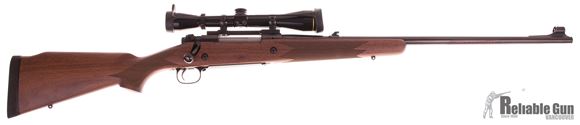 Picture of Pre Owned Winchester Model 70 Alaskan Bolt Action Rifle - 375 H&H Mag, 25", Cold Hammer-Forged Free-Floating, Brushed Polish, Satin Grade I Walnut Monte Carlo Stock, 3rds, Hooded Gold Bead Front & Folding Adjustable Rear Sights, With Leupold VX-2 3-9x40