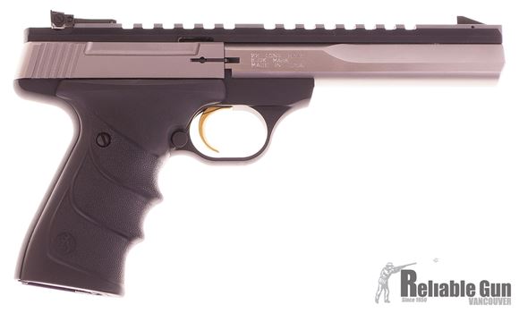 Picture of Used Browning Buck Mark Contour Stainless Rimfire Semi-Auto Pistol - 22 LR, 5-1/2", Special Contour, Polished Flat w/Full-Length Picatinny Rail, Stainless Steel, Matte Black Aluminum Alloy Frame, Ultragrip RX Ambidextrous Grip, Pro-Target Adj Sight