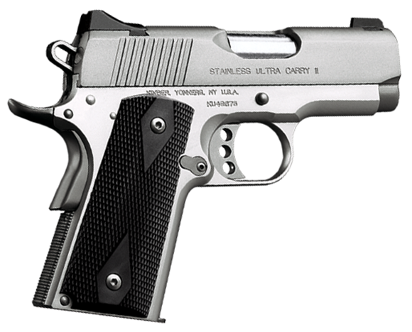 Picture of Kimber 1911 Stainless Pro Carry II Single Action Semi-Auto Pistol - 9mm, 106mm, Satin Silver Stainless Steel Slide, Satin Silver Aluminum Frame, Black Synthetic Double Diamond Grips, 9rds, Fixed Low Profile Sights