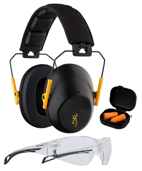 Picture of Browning Shooting Accessories, Eye & Ear Protection - Range Kit (Foam Earplugs, Glasses, Muff), NRR 34 dB, Black/Gold