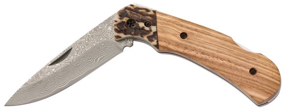 Picture of Browning Knives - Second Chance Folding, Lock Back, 3 1/16" Clip Point Hollow Ground Damascus Blade, Stag Horn and Zebra Wood Handle