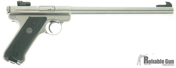 Picture of Used Ruger Mark II Stainless .22 Lr Semi Auto Pistol, 10" Bull Barrel, Original Box, 5 Mags (4 Still In Packaging) Scope Mount, New In Box/Unfired