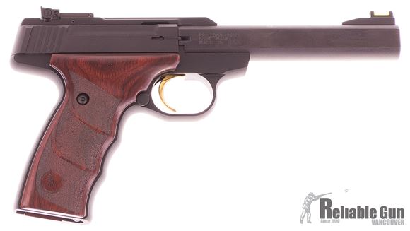 Picture of Used Browning Buck Mark Plus Rosewood UDX Semi-Auto Rimfire Pistol - 22 LR, 5.5", Polished Flats Matte Black Receiver & Barrel, Rosewood Grips, 1 Magazine, TruGlo Fiber Optic Front & Adjustable Rear Sight, Original Box, Very Good Condition