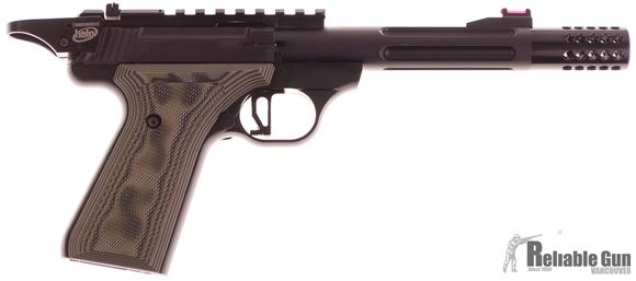 Picture of Used Browning Buck Mark Custom Tactical Solutions Rimfire Semi-Auto Pistol - 22 LR, 5-1/2"  Tactical Solutions Fluted Barrel w/Muzzle Brake, Matte Black Aluminum Alloy Receiver, Laminate G10 Grips,TruGlo Fiber Optic Front & Pro-Target Rear Sights, Rail,
