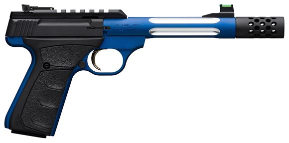 Picture of Browning Buck Mark Lite Plus Competition Blue Flute Rimfire Semi-Auto Pistol - 22 LR, 5-9/10", Blue Alloy Receiver, Steel Barrel w/ Fluted Alloy Sleeve, Suppressor Ready w/ Muzzle Brake, Ultragrip FX Black Rubber Overmolded Grip, 10rds, Fiber Optic Front