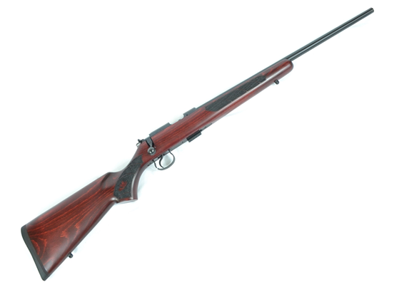 Picture of CZ 455 Canadian Exclusive Rimfire Bolt Action Rifle - 22 LR, 525mm, Hammer Forged, Polycoat, Deep Red Stain Beech Stock w/Maple Leaf Engraved, 5rds, Adjustable Trigger