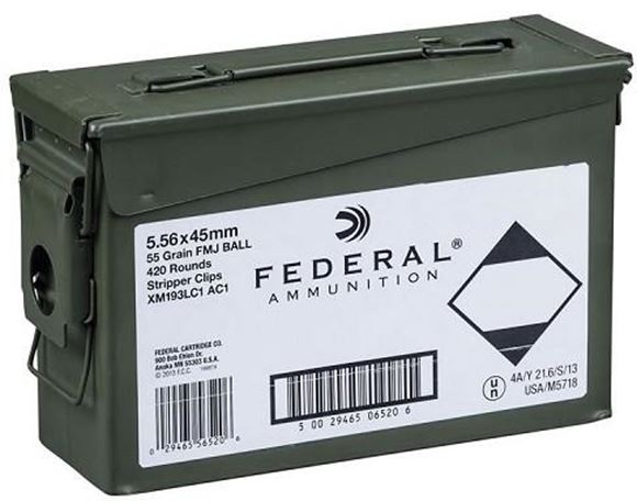 Picture of Federal Rifle Ammo - 5.56x45mm NATO, 55Gr, Metal Case Boat-Tail (M193 Ball), 420rds, w/Stripper Clips, Army Can