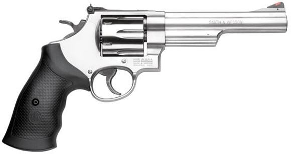 Picture of Smith & Wesson (S&W) Model 629-6 DA/SA Revolver - 44 Rem Mag, 6", Satin Stainless Steel Frame & Cylinder, Large Frame (N), Rubber Grip, 6rds, Red Ramp Front & Adjustable White Outline Rear Sights