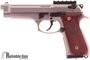 Picture of Used Beretta 92 FS Inox Semi Auto Pistol, 9mm, 5'', Silver, Pachmayr Custom Wood Laminate Checkered Grips, Rear Sight Pic Rail, 2 Magazines, Original Box, Very Good Condition