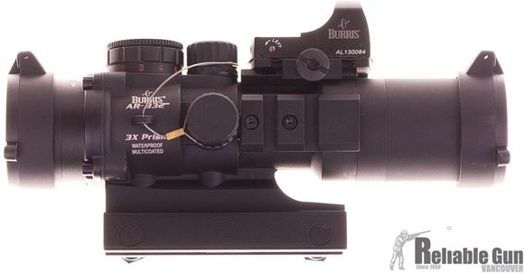 Picture of Used Burris AR Sights Series, AR-332 - AR-332 Tactical Kit, 3x32mm, Matte Black, 1/2 MOA Click Value, Ballistic CQ (Black, Green, Red), w/Picatinny Bracket, w/4 MOA FastFire 2 Red Dot Sight & Anti-Reflection Device & Carrying Case, Very good Condition