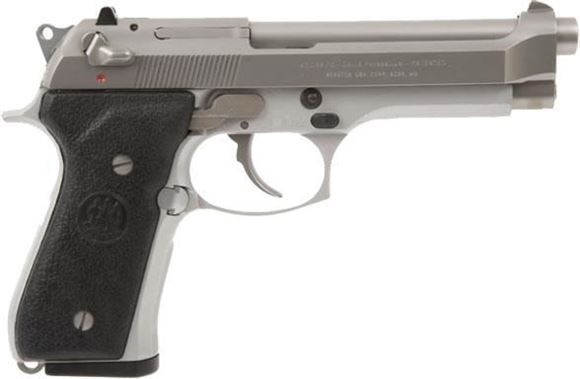 Picture of Beretta 92 FS Inox DA/SA Semi-Auto Pistol - 9mm, 125mm (4.9"), Stainless Steel, Stainless Steel Slide, Silver Anodized Alloy Frame, Black Plastic Grips, 2x10rds, 3-Dot Sights