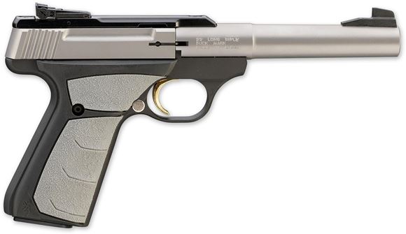 Picture of Browning Buck Mark Camper Stainless UFX Rimfire Single Action Semi-Auto Pistol - 22 LR, 5-1/2", Tapered Bull, Matte Stainless, Matte Black Aluminum Alloy Receiver, Overmolded Ultragrip FX Ambidextrous Grips, 10rds, Pro-Target Adjustable Sights