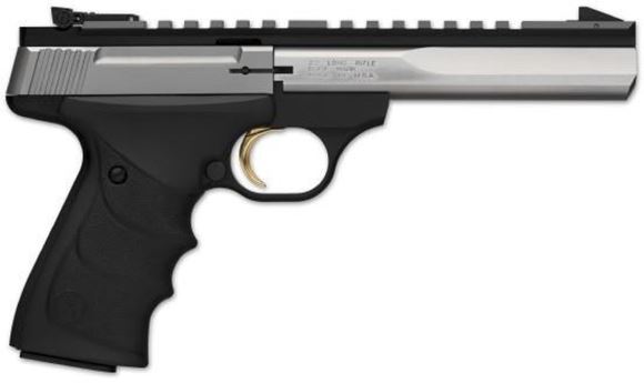Picture of Browning Buck Mark Contour Stainless Rimfire Semi-Auto Pistol - 22 LR, 5-1/2", Special Contour, Polished Flat w/Full-Length Picatinny Rail, Stainless Steel, Matte Black Aluminum Alloy Frame, Ultragrip RX Ambidextrous Grip, 10rds, Pro-Target Adjustable Si