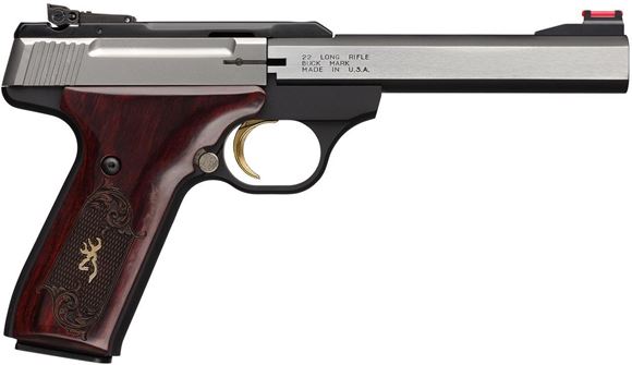 Picture of Browning Buck Mark Medallion Rosewood Stainless Rimfire Semi-Auto Pistol - 22 LR, 5-1/2", Blackened Stainless Slabside Polished Flats, Rosewood Medallion Checkered Grip, 10rds, TruGlo/Marble's Fiber-Optic Front & Adjustable Pro-Target Rear Sights