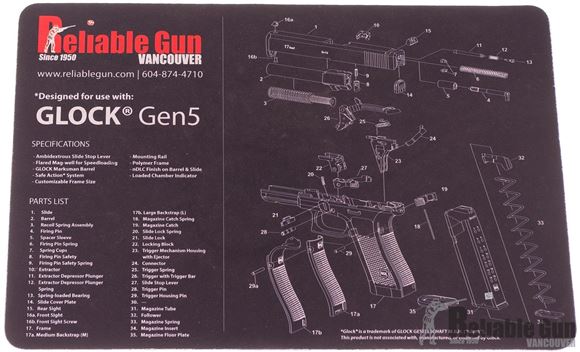 Picture of Tekmat Glock Gen 5 Gunsmith's Bench Mat - Black Neoprene, with Exploded Parts View, Reliable Gun Logo