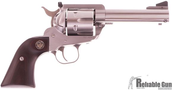 Picture of Used Ruger New Model Blackhawk Convertible Single Action Revolver - 357 Mag/9mm Luger, 4.62", Stainless, Limited Edition Lipsey's Exclusive Flat Top, Wood Grips, Adjustable Rear Sight, Like New