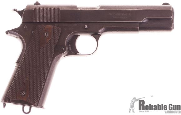 Picture of Used Colt 1911 Government Model, 45 ACP, 1914 Production, All Original, British Proof Marks, Wood Grips,  Leather Holster w/2 Magazines, Good Condition