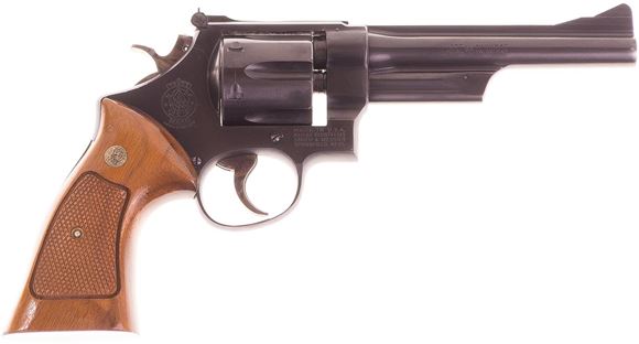 Picture of Used Smith & Wesson 28-2 "Highway Patrolman" Double-Action .357 Mag, 6" Barrel, Blued, 6 Shot, Wood Grips, Minor Holster Wear At Muzzle, Good Condition