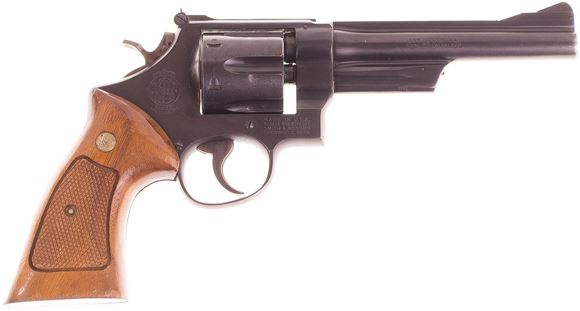 Picture of Used Smith & Wesson 28-2 "Highway Patrolman" Double-Action .357 Mag, 6" Barrel, Blued, 6 Shot, Wood Grips, Minor Holster Wear On Cylinder And Muzzle, Good Condition