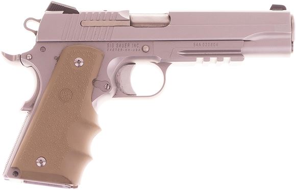 Picture of Used SIG SAUER 1911 Stainless Rail Single Action Semi-Auto Pistol - 45 ACP, 5", Stainless, FDE Rubber Grips, 4 Magaines (2 Factory, 2 Wilson Combat 10 Rds) , Low-Profile Night Sights, Rail, Original Box, Good Condition
