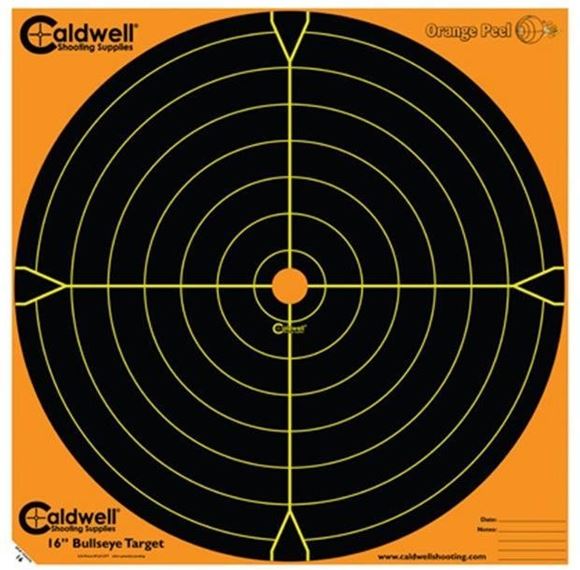 Picture of Caldwell Shooting Supplies Paper Targets - Orange Peel Bullseye Targets, 16", Orange, Adhesive-Backed, Featuring Dual-Color Flake-Off Technology, 5 Sheet Pack