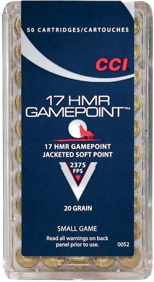 Picture of CCI Small Game Rimfire Ammo - Gamepoint, 17 HMR, 20Gr, JSP, 2000rds Case, 2375fps