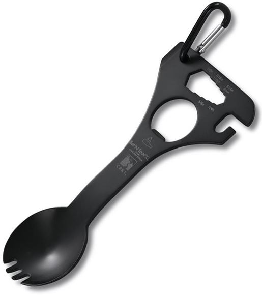 Picture of Columbia River Knife & Tool(CRKT) - Eat 'N Tool XL, Black, Stainless Steel Construction, W/ Carry Carabiner (Spoon/Fork, Box Wrench, Driver/Pry tool, Can Opener and Bottle Opener)