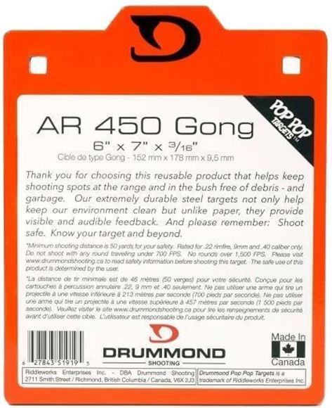 Picture of Drummond Shooting Pop Pop Targets - AR 450 Gong, 6"x7"x3/16", Neon Orange Powder Coat, w/Square Holes For Carriage Bolts, For Rimfire/9mm/40 S&W