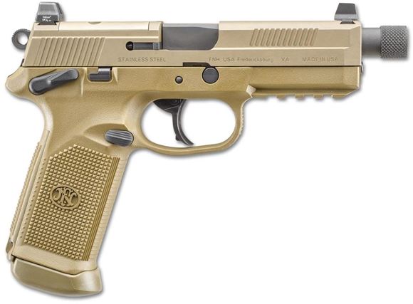 Picture of FN Herstal (FNH) FNX-45 Tactical DA/SA Semi-Auto Pistol - 45 ACP, 5.3", w/.578x28 RH Thread & Thread Protector, Cold Hammer-Forged Stainless Steel, Flat Dark Earth Stainless Steel Slide, Flat Dark Earth Polymer Frame, 3x10rds, Fixed 3-Dot Night Sights, F