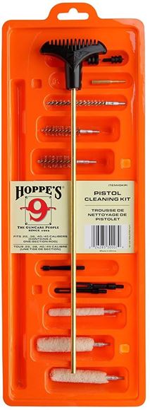 Picture of Hoppe's No. 9 Cleaning Kits, Pistol Cleaning Kit w/ Brass Rod - (.22, .223, 9mm, .38/.357, 10mm/.40, .41, .44, .454, .45) - .204 Caliber, w/ Brushes, Mops, & Adapters, Clamshell