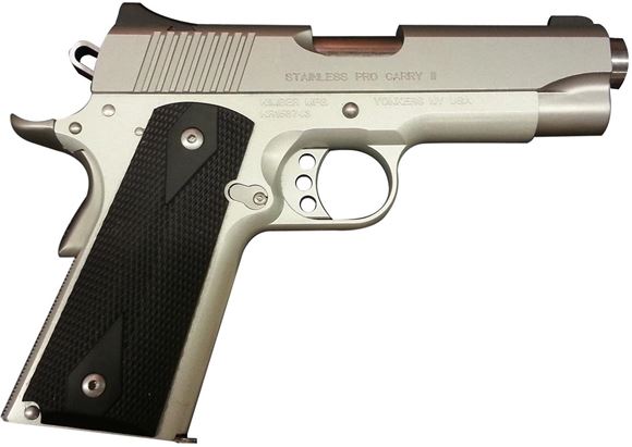 Picture of Kimber 1911 Stainless Pro Carry II Single Action Semi-Auto Pistol - 45 ACP, 106mm, Satin Silver Stainless Steel Slide, Satin Silver Aluminum Frame, Black Synthetic Double Diamond Grips, 7rds, Fixed Low Profile Sights