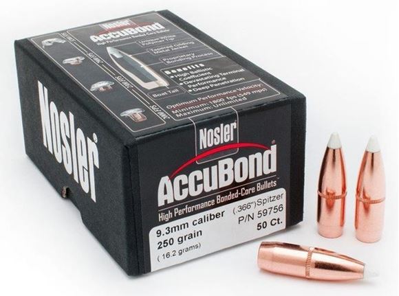 Picture of Nosler Bullets, AccuBond - 9.3mm (.366"), 250Gr, Spitzer w/Cannelure, 50ct Box