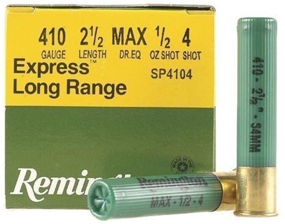 Picture of Remington Upland Loads, Express Extra Long Range Load Shotgun Ammo - 410, 2-1/2'', MAX DE, 1/2oz, #4, 250rds Case, 1250fps
