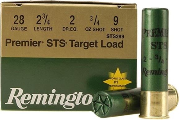 Picture of Remington Target Loads, Premier STS Target Loads Shotgun Ammo - 28Ga, 2-3/4", 2 DE, 3/4oz, #9, Extra Hard STS Target Shot, 250rd Case, 1200fps