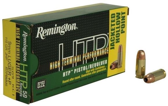 Picture of Remington HTP High Terminal Performance Pistol & Revolver Handgun Ammo - 9mm Luger +P, 115Gr, JHP, 500rds Case
