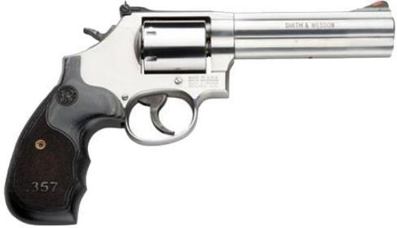 Picture of Smith & Wesson (S&W) Model 686 Plus DA/SA Revolver - 357 Mag, 5", Satin Stainless Steel Frame & Cylinder, Medium Frame (L), Laminate Grip, 7rds, Red Ramp Front & Adjustable White Outline Rear Sights