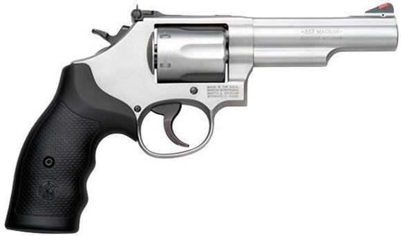 Picture of Smith & Wesson (S&W) Model 66-8 DA/SA Revolver - 357 Mag, 4.25", Glass Bead Stainless Steel Frame & Cylinder, Medium Frame (K), Synthetic Grip, 6rds, Red Ramp Front & Adjustable White Outline Rear Sights