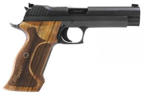 Picture of Sig Sauer P210 Target Single Action Semi Auto Pistol - 9mm Luger, 5", Black, 2x8rds, Walnut Target Grip, Adjustable Rear Sight