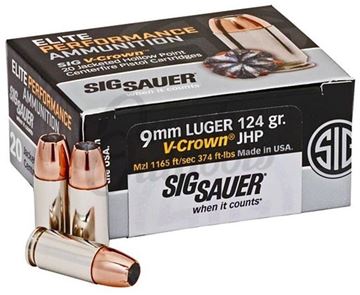 Picture of Sig Sauer Elite Performance Handgun Ammo - 9mm Luger, 124Gr, V-Crown JHP, 20rds Box, 1165fps
