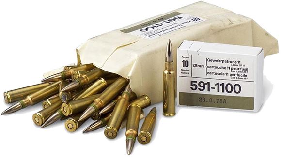 Picture of Swiss Army Surplus Rifle Ammo - 7.5x55mm (GP11), FMJ Lead Core 60rds