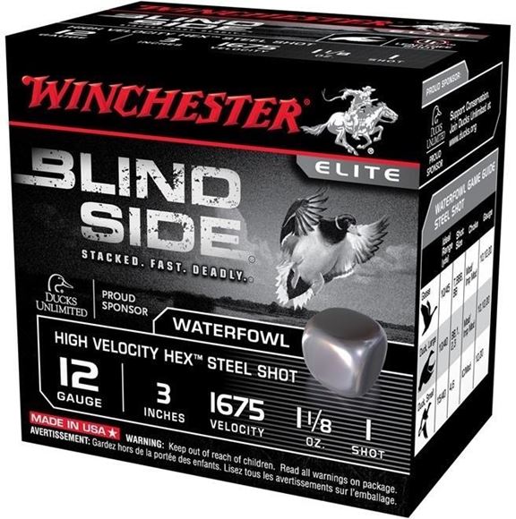 Picture of Winchester Elite Blind Side High Velocity Waterfowl Load Shotgun Ammo - 12Ga, 3", 1-1/8 oz, #1, 250rds Case, 1675fps