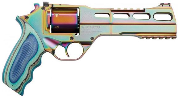 Picture of Chiappa Rhino Nebula 60DS Revolver - 357 Mag, 6", Multi Color PVD, Blue Laminate Grip, 6rds, w/Moonclips, Fiber Optic Front & Adjustable Rear Sights