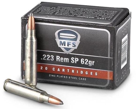 Picture of MFS Rifle Ammo - 223 Rem, 62Gr, SP, Zinc Plated Steel Case, Non-Corrosive, 20rds Box