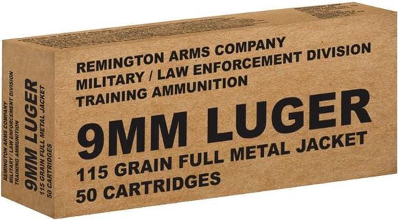 Picture of Remington Military / Law Enforcement Training Handgun Ammo - 9mm Luger, 115Gr, FMJ, 50rds Box