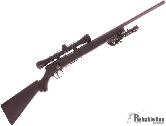 Picture of Used Savage 93R17 FV Bolt Action Rifle, 17 HMR, 21'' Heavy Barrel Barrel, Black Synthetic Stock, Konus 3-9x32 Scope, 1 Magazine,  Bi Pod, Hard Case, Very Good Condition