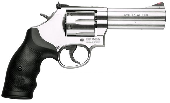 Picture of Smith & Wesson (S&W) Model 686-6 DA/SA Revolver - 357 Mag, 4-1/4", Satin Stainless Steel Frame & Cylinder, Medium Frame (L), Synthetic Grip, 6rds, Red Ramp Front & Adjustable White Outline Rear Sights