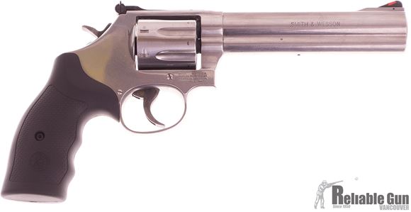 Picture of Used Smith & Wesson (S&W) Model 686-6 Plus DA/SA Revolver - 357 Mag, 6", Satin Stainless Steel Frame & Cylinder, Medium Frame (L), Synthetic Grip, 7rds, Red Ramp Front & Adjustable White Outline Rear Sights, Very Good Condition