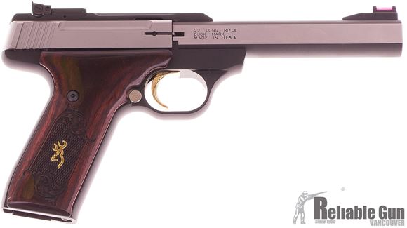 Picture of Used Browning Buck Mark Medallion Rosewood Stainless Rimfire Semi-Auto Pistol - 22 LR, 5-1/2", Blackened Stainless Slabside Polished Flats, Rosewood Medallion Checkered Grip, TruGlo/Marble's Fiber-Optic Front & Adjustable Pro-Target Rear Sights, 1 Magazi