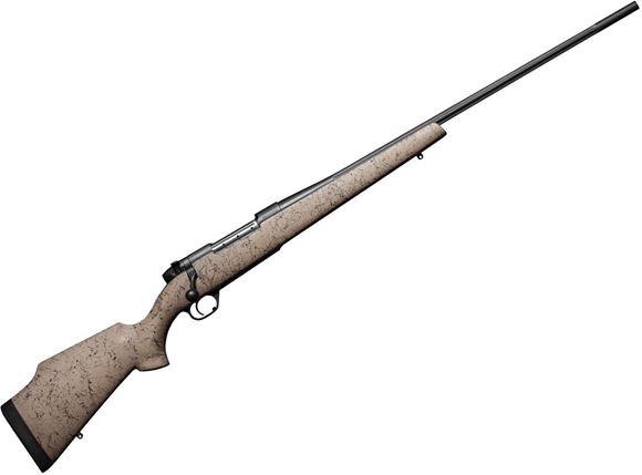 Picture of Weatherby Mark V Bolt Action Rifle - 6.5-300 Wby Mag, 26", 1:8", Stainless Steel, Muzzle Brake, Tan w/Black Spiderweb Accents Fiberglass Monte Carlo Stock w/Raised Comb, 3rds